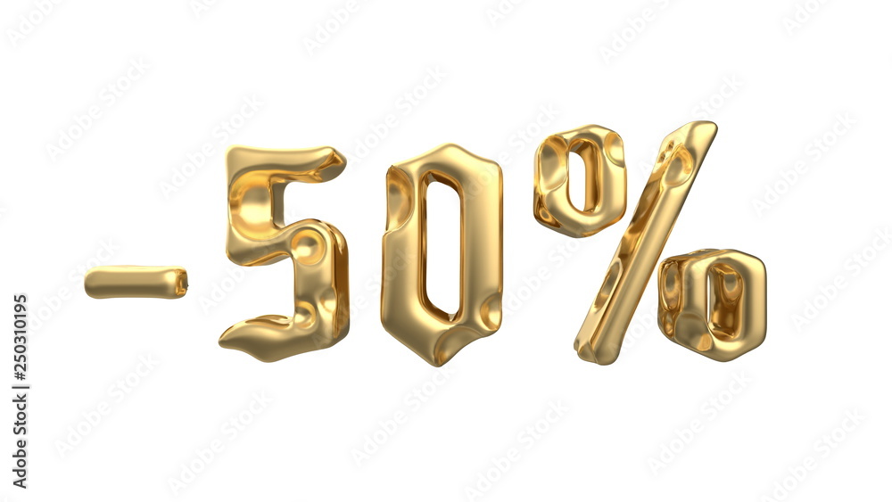 The sign -50off. Made of gold metal isolate on white background. 3d illustration
