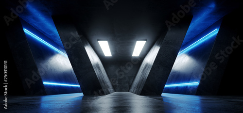 Fototapeta Naklejka Na Ścianę i Meble -  Sci Fi Futuristic Neon Glowing Triangle Shaped Blue Lines Grunge Concrete Reflective Texture Dark Empty Space Dance Stage Hall Room 3D Rendering