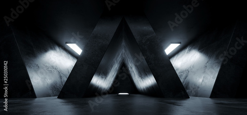 Fototapeta Naklejka Na Ścianę i Meble -  Triangle Shaped Grunge Concrete Sci Fi Futuristic Elegant Empty Dark Reflective Big Hall Scene Alien Ship Room Tunnel Corridor Glowing Studio Lights 3D Rendering