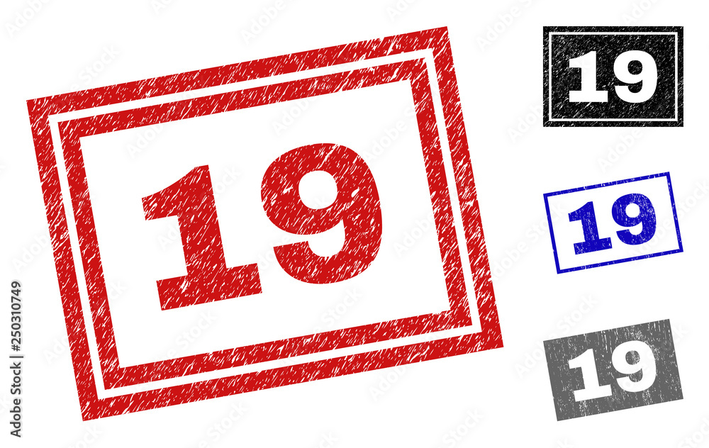 Grunge 19 rectangle stamp seals isolated on a white background. Rectangular seals with grunge texture in red, blue, black and grey colors. Vector rubber imprint of 19 text inside rectangle frames. Grunge 19 rectangle stamp seals isolated on a white background. Rectangular seals with grunge texture in red, blue, black and grey colors. Vector rubber imprint of 19 text inside rectangle frames.