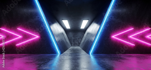 Fototapeta Naklejka Na Ścianę i Meble -  Neon Glowing Sci Fi Purple Blue Pink Elegant Futuristic Retro Alien Grunge Reflective Concrete Hall Room Stage Dance Arrow Shaped Lights 3D Rendering