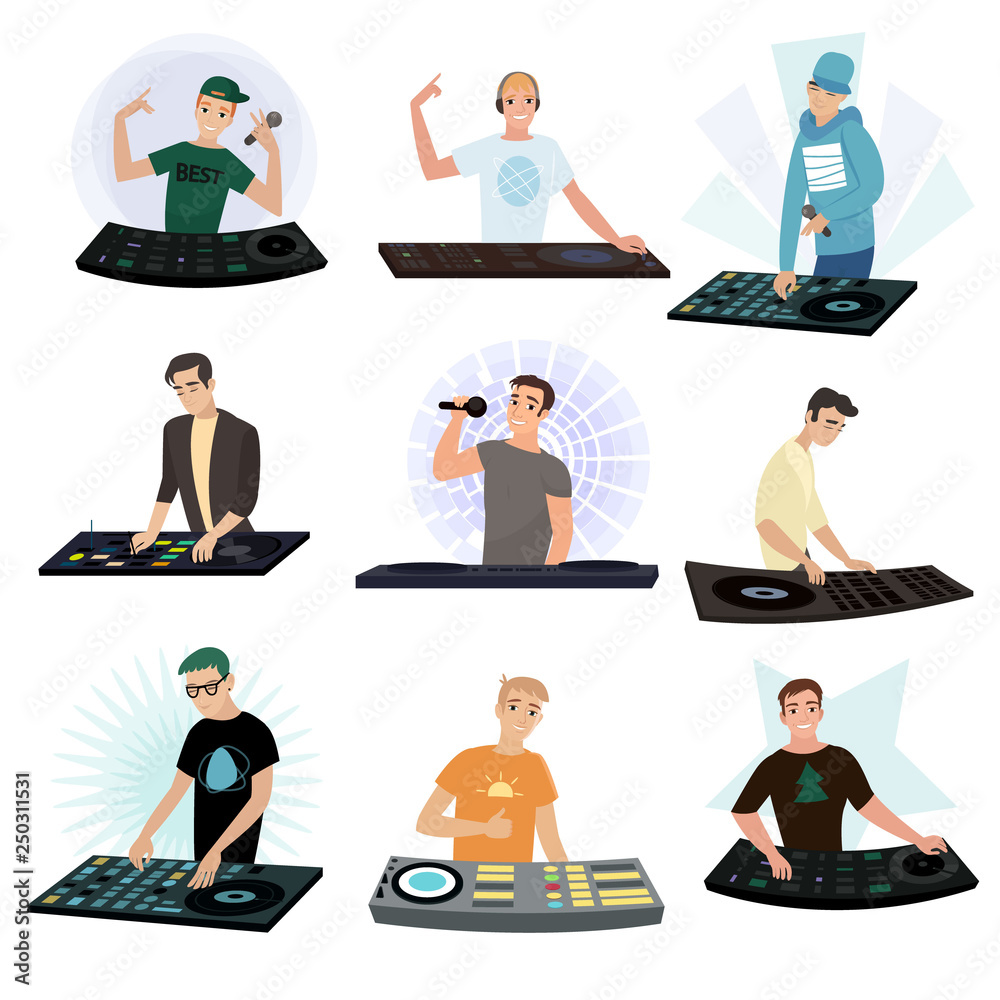 Set of DJ characters mixing music on turntable on white background