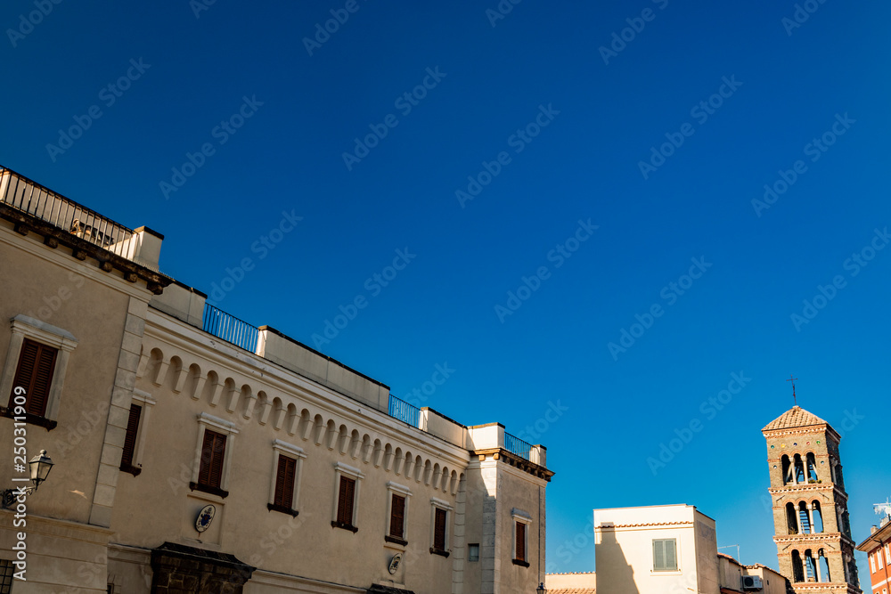 The ancient bishop's palace of Frascati. It was originally the fortress, the castle, of the city. The windows, the merlons, the bell tower. Frascati, Rome, Lazio, Italy, Castelli Romani, Roman Castles