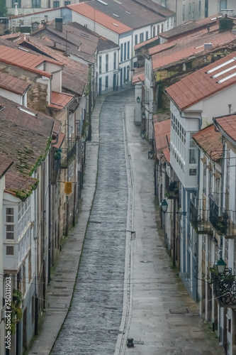 Charming cobblestone streets in Santiago de Compostela, capital of Galicia, Spain.  Its Old Town is a UNESCO World Heritage Site.