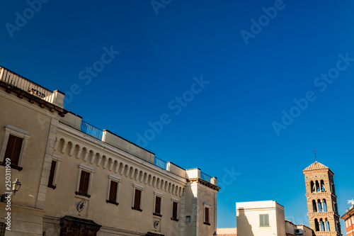 The ancient bishop's palace of Frascati. It was originally the fortress, the castle, of the city. The windows, the merlons, the bell tower. Frascati, Rome, Lazio, Italy, Castelli Romani, Roman Castles