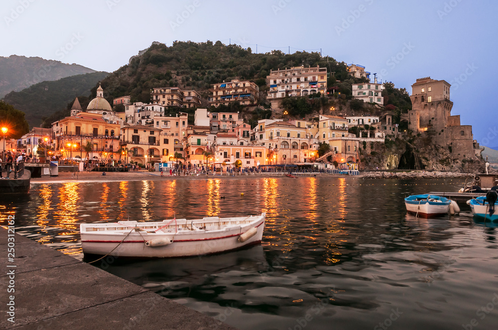 panorama at sunset of the village of Cetara, a coastal village of the Amalfi coast