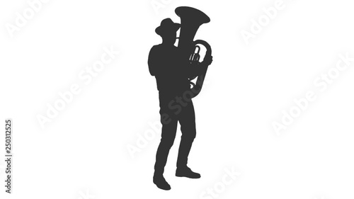 Black and white silhouette of musician playing tuba, Full HD footage with alpha transparency channel isolated on white background photo