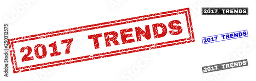 Grunge 2017 TRENDS rectangle stamp seals isolated on a white background. Rectangular seals with grunge texture in red, blue, black and grey colors.