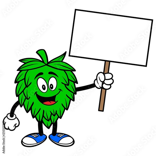Hop Mascot with a Sign  - A vector cartoon illustration of a Oktoberfest Hop mascot holding a Sign.