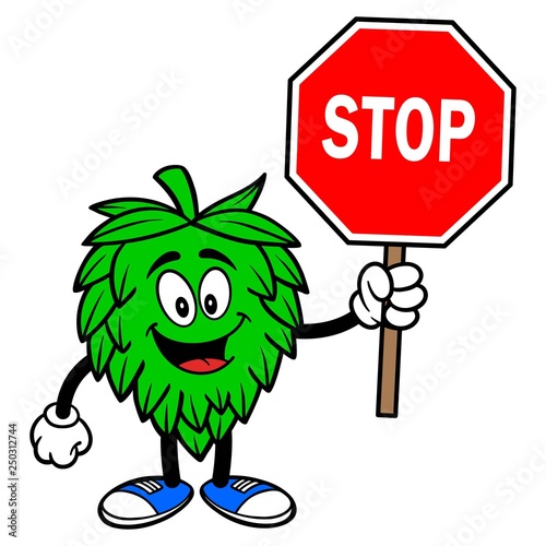 Hop Mascot with a Stop Sign  - A vector cartoon illustration of a Oktoberfest Hop mascot holding a Stop Sign.