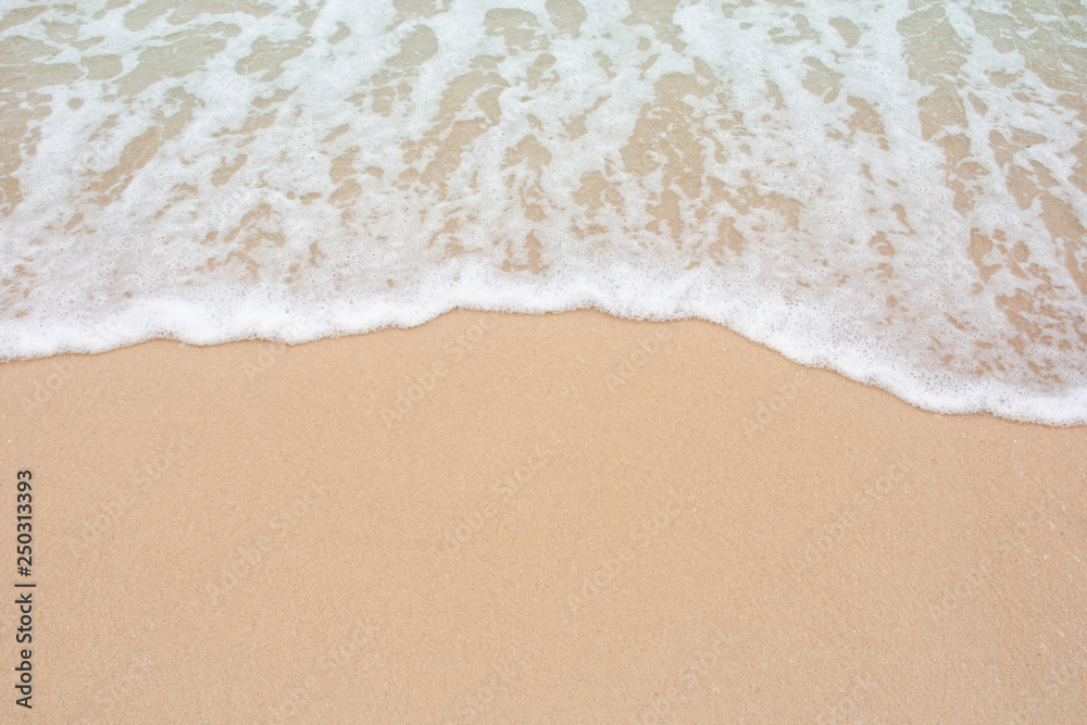 Soft wave of sea on empty sandy beach Background with copy space Soft wave of sea on empty sandy beach Background with copy space