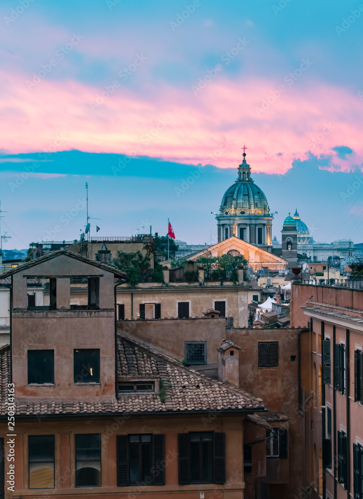 Sunset hour in Rome, Italy with cityscapes and rooftop views