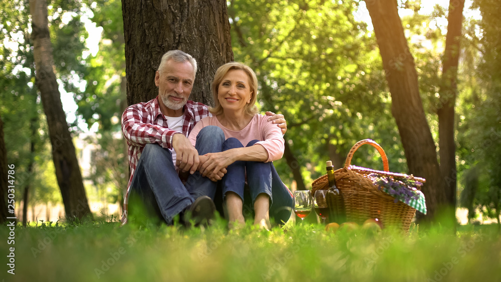 Fototapeta premium Joyful senior couple sitting on grass and enjoying romantic date, picnic in park
