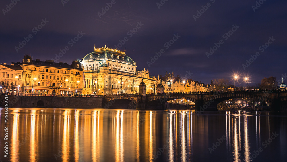 Prague,National Theatre. Czech Republic, beautiful reflections in river water.