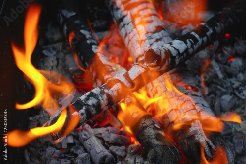 Fire and coals. Bright flame in the bonfire. Selective focus.