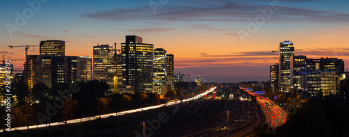 Sunset cityscape of Zuidas the business and commercial  zone of Amsterdam.