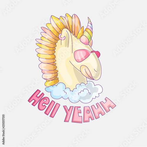 Cute unicorn colored. Unicorn with pink glasses, in cloud with words Hell Yeah on bottom. Colored horn and horse mane. Cute cartoon unicorn illustration