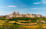 Aerial Landscape view of Mdina city - old capital of Malta country. Green fields and blue sky with clouds