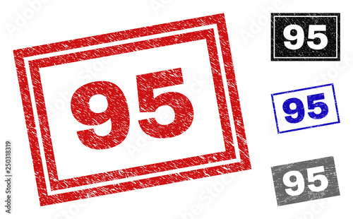 Grunge 95 rectangle stamp seals isolated on a white background. Rectangular seals with grunge texture in red, blue, black and gray colors. Vector rubber overlay of 95 caption inside rectangle borders.