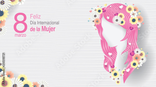 Greeting Card of DIA INTERNATIONAL DE LA MUJER - INTERNATIONAL WOMEN S DAY in Spanish language. Silhouette of woman head with long pink hair decorated with hearts, white and yellow flowers