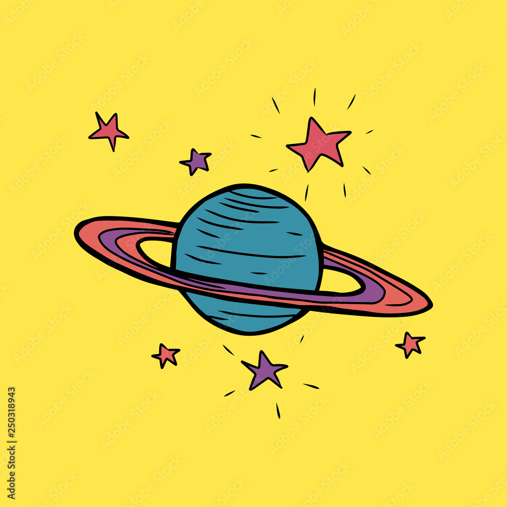 Cartoon style vector illustration of blue saturn planet and pink, purple  stars. Great design elements for sticker, card, print or poster. Unique and  fun drawing isolated on yellow background Stock Vector |