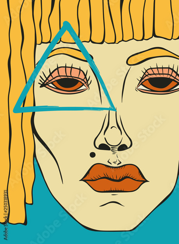 Vector character of woman with yellow hair, orange eyes and lips and triangle on her face. Illustration for t-shirt print, card or poster. Isolated surreal portrait on blue background  photo