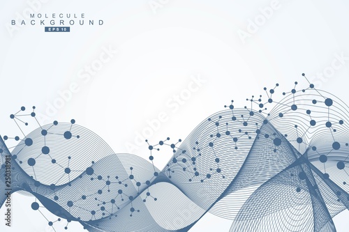 Structure molecule and communication. Dna, atom, neurons. Scientific concept for your design. Connected lines with dots. Medical, technology, chemistry, science background. Vector illustration.