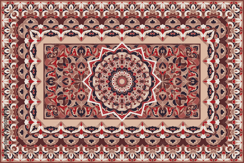 Vektorová grafika „Vintage Arabic pattern. Persian colored carpet. Rich  ornament for fabric design, handmade, interior decoration, textiles. Red  background.“ ze služby Stock | Adobe Stock