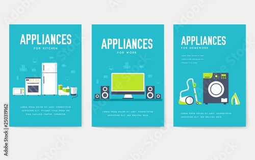 Home appliances cards set. Electronics template of flyear, magazines, posters, book cover, banners. Devices infographic concept background. Layout illustrations template pages with typography text