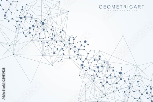 Structure molecule and communication. Dna, atom, neurons. Scientific concept for your design. Connected lines with dots. Medical, technology, chemistry, science background. Vector illustration.