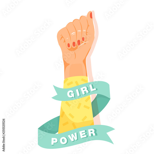 Feminism, girl power concept. Feminism symbol. Fighting fist of a woman with ribbon and inscription "Girl Power". Fight for the rights and equality. Vector illustration on white background.