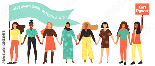 International Women's Day, feminism, girl power concept. Girls hold hands. Group of women different nationalities protesting and vindicating their rights. Vector illustration on white background.