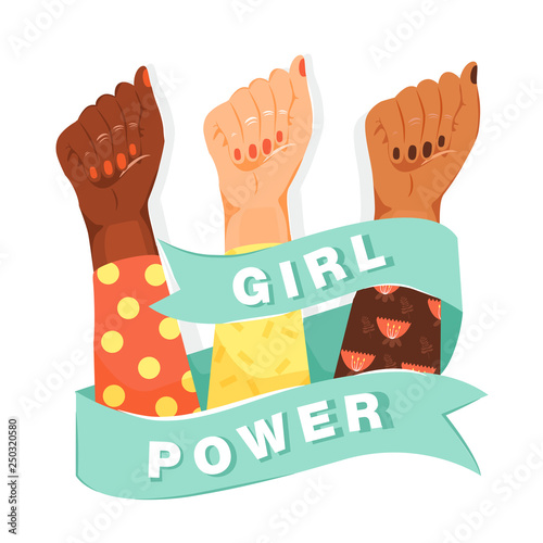Feminism, girl power concept. Feminism symbol. Woman's fists showing their power with ribbon and inscription "Girl Power". Fight for the rights and equality. Vector illustration on white background.