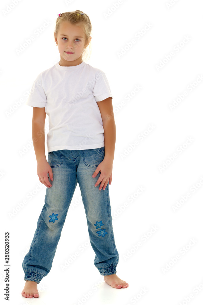 Fototapeta premium Little girl with a white t-shirt for advertising.