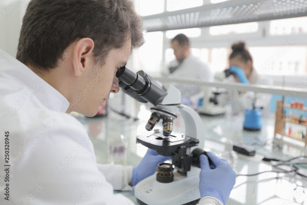 Group of young Laboratory scientists working at lab with test tubes and microscope, test or research in clinical laboratory.Science, chemistry, biology, medicine and people concept. Group of young Laboratory scientists working at lab with test tubes and microscope, test or research in clinical laboratory.Science, chemistry, biology, medicine and people concept.