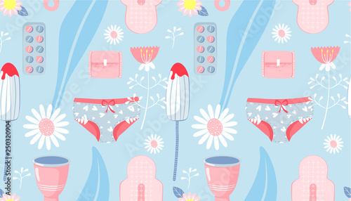 Seamless pattern with feminine hygiene products. Panty, tampon; sanitary napkin; menstrual cup; pills and flowers. Vector illustration for textile, medicine, poster, background, book.