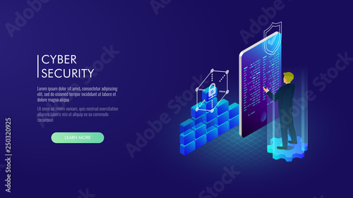 Isometric cyber security concept. Cyber security and privacy. Traffic Encryption, VPN, Privacy Protection Antivirus. Vector illustration