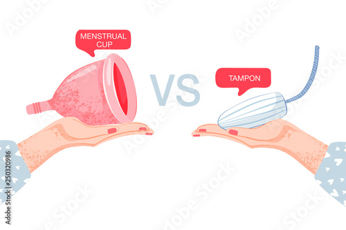 Feminine hygiene composition. Сhoice between tampons and menstrual cup. Tampon and cup in hands.  Protection for woman in critical days. Vector illustration on white background. photo