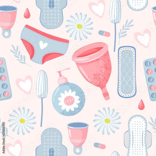 Seamless pattern with feminine hygiene products. Menstrual cup, tampon, soap, panty, sanitary napkin, chamomile and pills. Vector illustration for textile, medicine, poster, background, book.