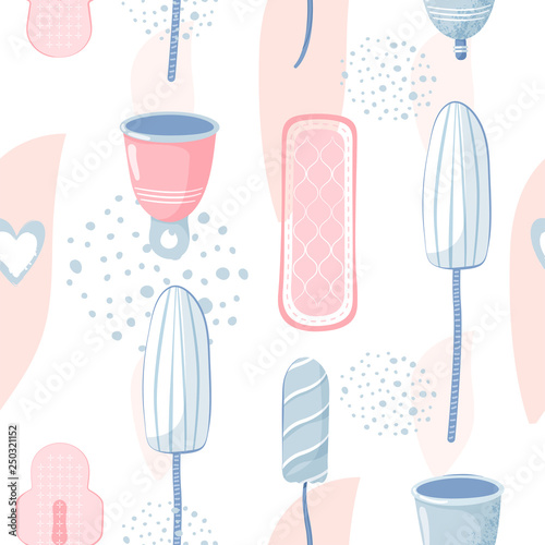 Seamless pattern with feminine hygiene products. Menstrual cup, tampon, sanitary napkin and abstract element. Vector illustration for textile, medicine, poster, background, book.