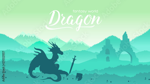 Ancient dragon sits majestically on field of battle among its treasures concept. Creatures in fantasy worlds vector illustration design. Nature landscape