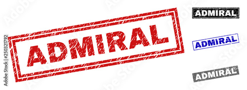 Grunge ADMIRAL rectangle stamp seals isolated on a white background. Rectangular seals with grunge texture in red, blue, black and grey colors.