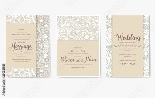 Set of white wedding flyer pages ornament illustration concept. Vintage art traditional, Islam, arabic, indian, ottoman motifs, elements. Vector decorative retro greeting card or invitation design