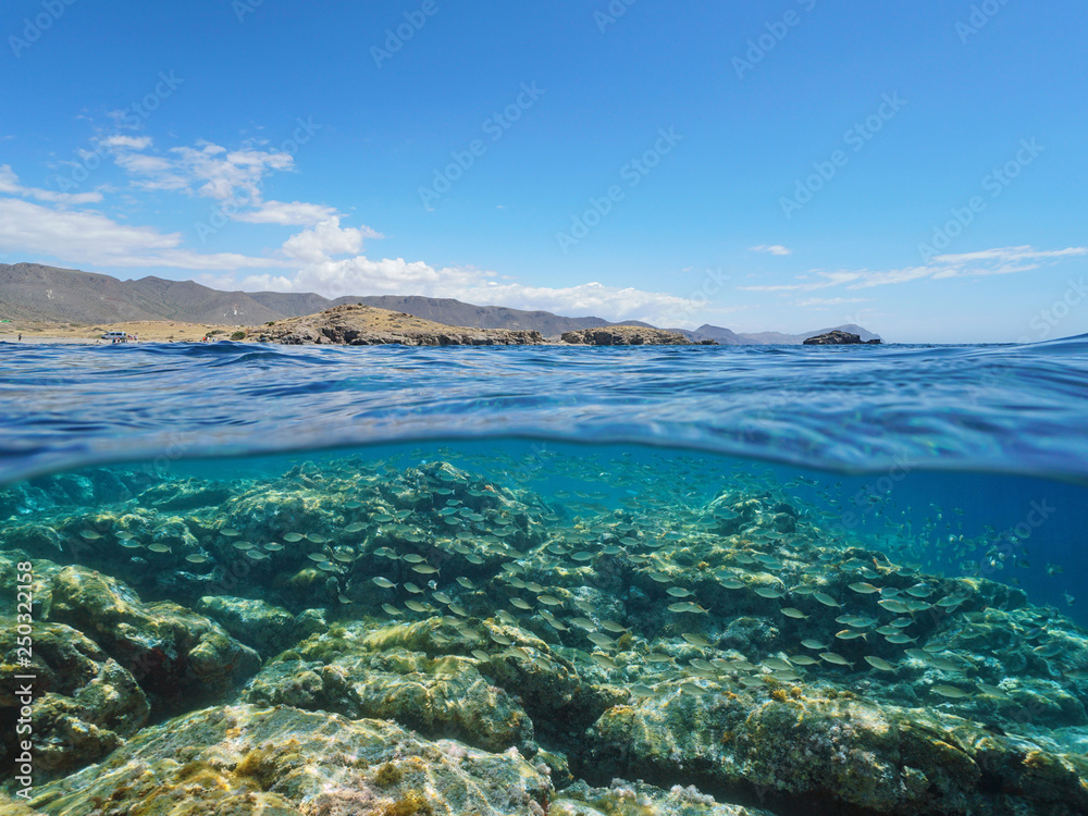 Spain Cabo de Gata Nijar coast with school of fish and rocky seabed underwater, Mediterranean sea, Almeria, Andalusia, split view half over and under water