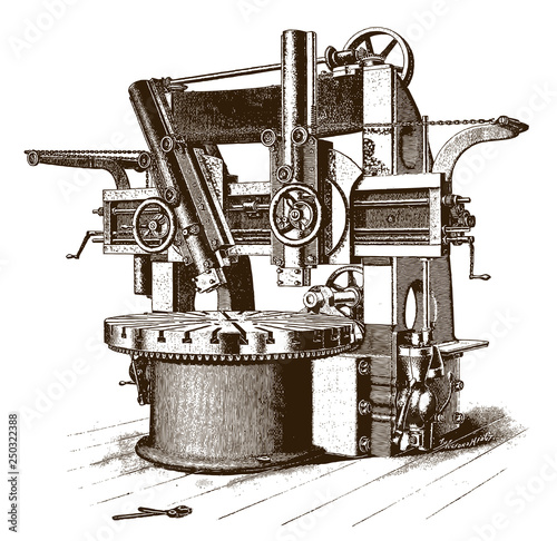 Historical boring and turning mill machine (after an etching or engraving from the 19th century)