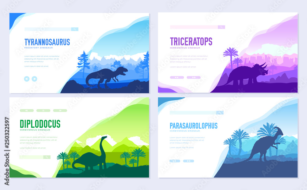 Brochures with set of primitive dinosaurs. Carnivorous predator animals before BC. Template of flyear, web banner, ui header, enter site. Invitation concept background. Layout modern slider page