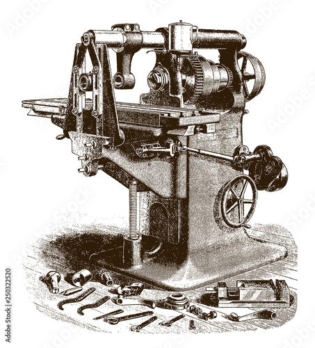 Historical plain milling machine (after an etching or engraving from the 19th century)