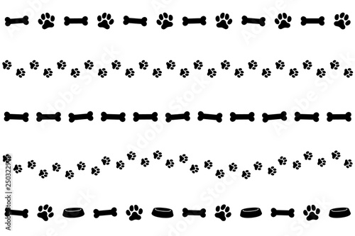 犬の足跡・骨・エサ入れの装飾用ライン (Paw Prints, Dog Bone, Pet Bowl, Decorative line. Vector Illustration) photo