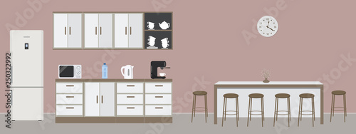 Office kitchen. Dining room in office. There are kitchen cabinets, a fridge, a table, brown chairs, microwave, kettle and coffee machine in the image. There is a clock on the wall. Vector illustration