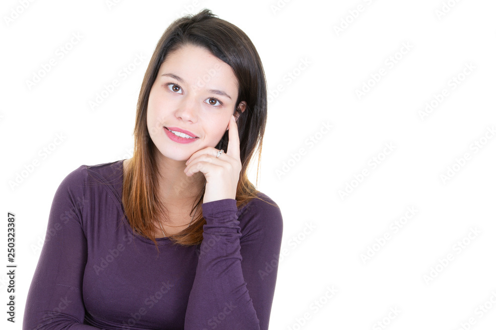 Beautiful dreamer young woman thinking and dreaming looking face with blank copy space Beautiful dreamer young woman thinking and dreaming looking face with blank copy space